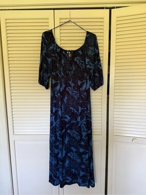 NWT Blue Leaf-Print Women’s Midi Dress from Anthropologie by Monsoon